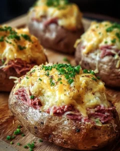 Delicious Reuben stuffed baked potatoes topped with melted cheese and sauerkraut