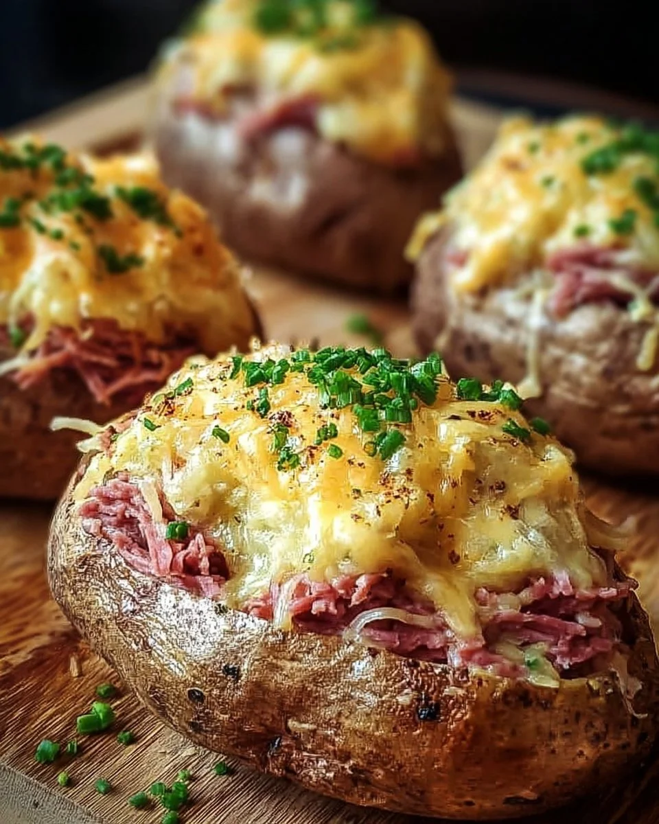 Delicious Reuben stuffed baked potatoes topped with melted cheese and sauerkraut