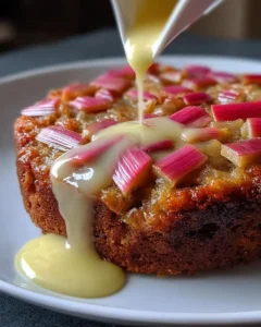 Slice of rhubarb cake topped with butter sauce on a white plate.