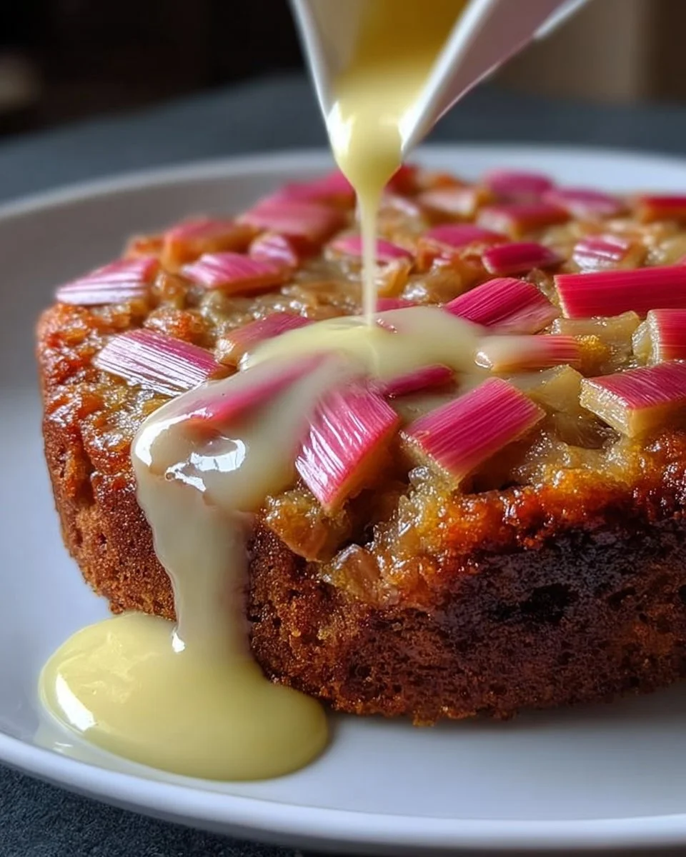 Slice of rhubarb cake topped with butter sauce on a white plate.