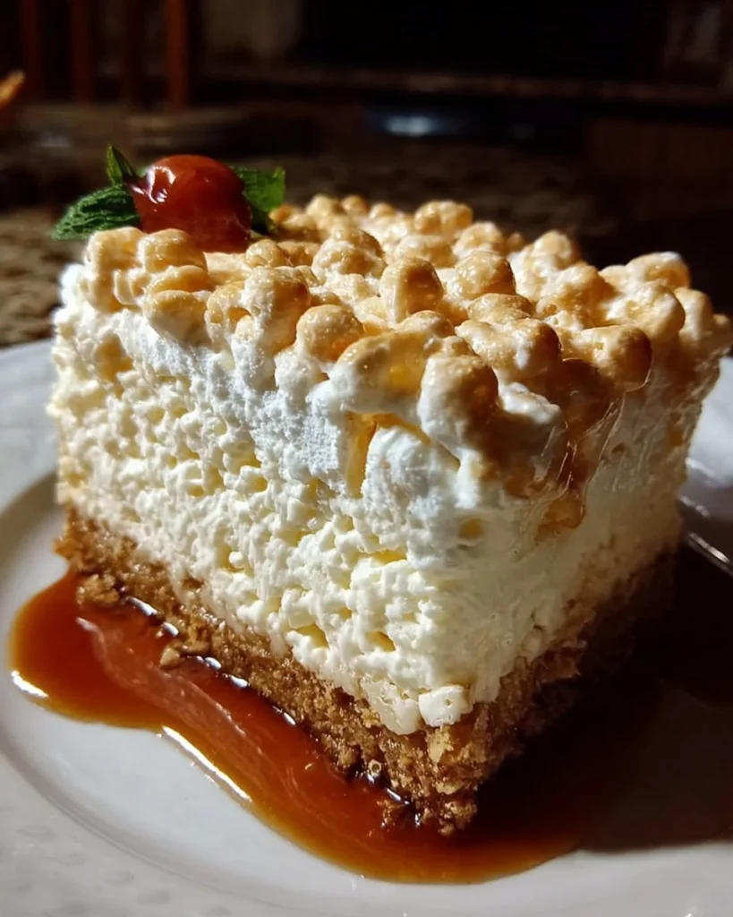 Delicious Rice Krispie Treat Cheesecake topped with crispy cereal and marshmallows