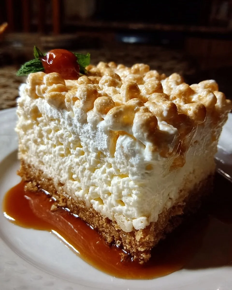 Delicious Rice Krispie Treat Cheesecake topped with crispy cereal and marshmallows