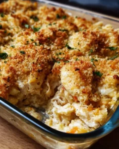 Ritz Cracker Chicken Casserole topped with crispy Ritz crackers.