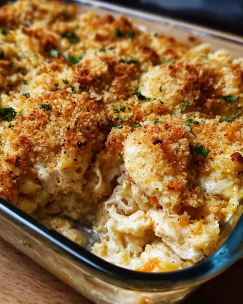 Ritz Cracker Chicken Casserole topped with crispy Ritz crackers.
