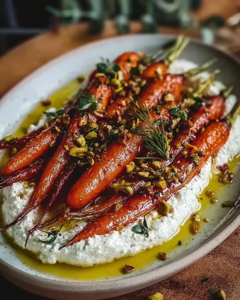 Plate of roasted carrots with whipped ricotta and hot honey drizzle