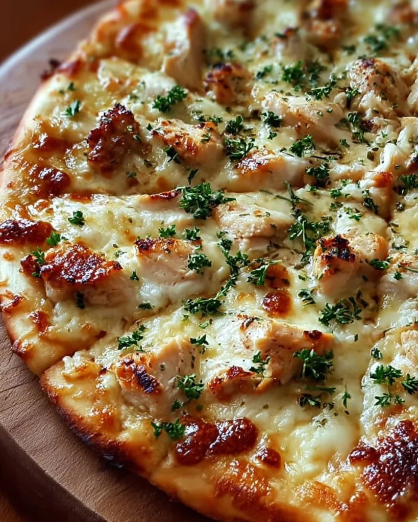 Delicious roasted garlic white chicken pizza topped with cheese and herbs