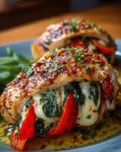 Roasted red pepper, spinach, and mozzarella stuffed chicken on a plate