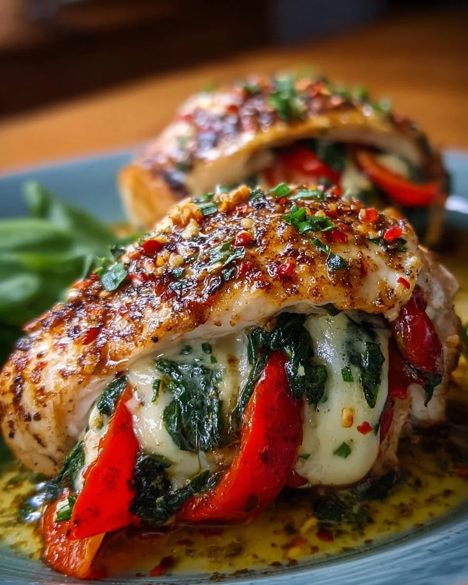 Roasted red pepper, spinach, and mozzarella stuffed chicken on a plate