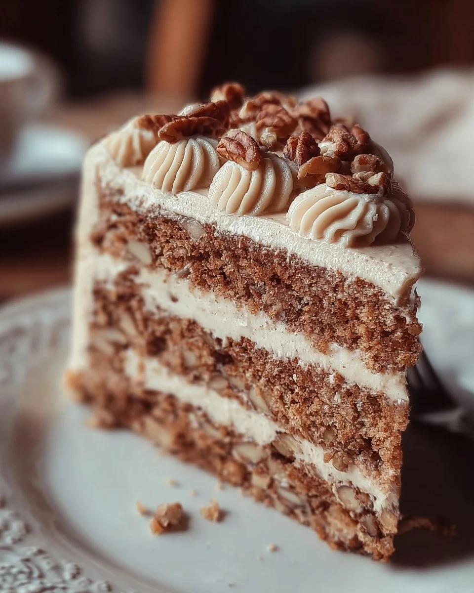 Delicious Romanian Walnut Buttercream Cake decorated with walnuts