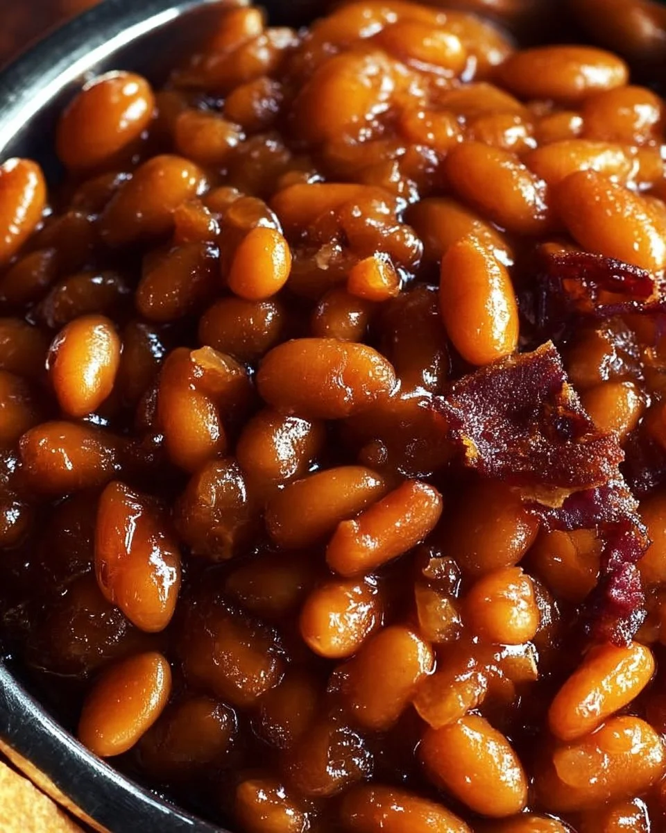 Delicious root beer baked beans served in a bowl with herbs
