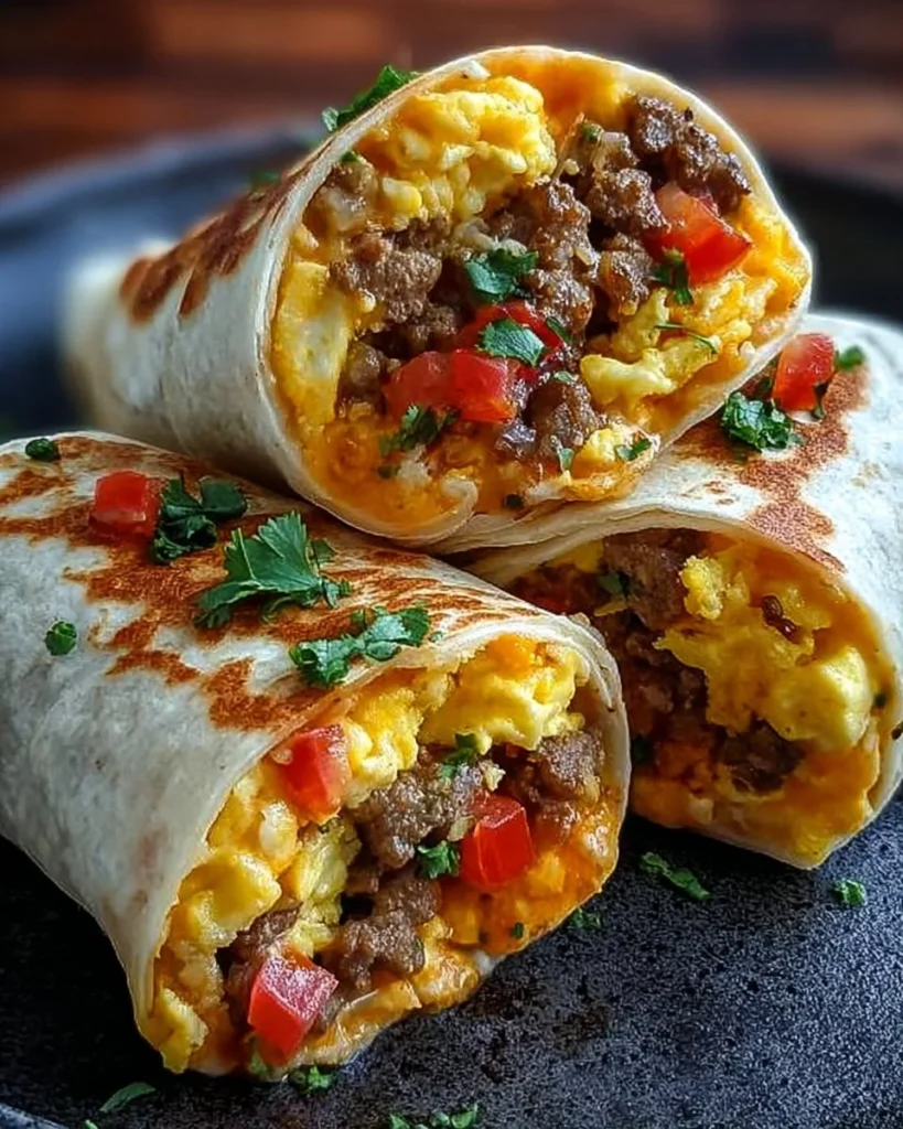 Sausage Scramble Breakfast Burritos filled with eggs and sausage