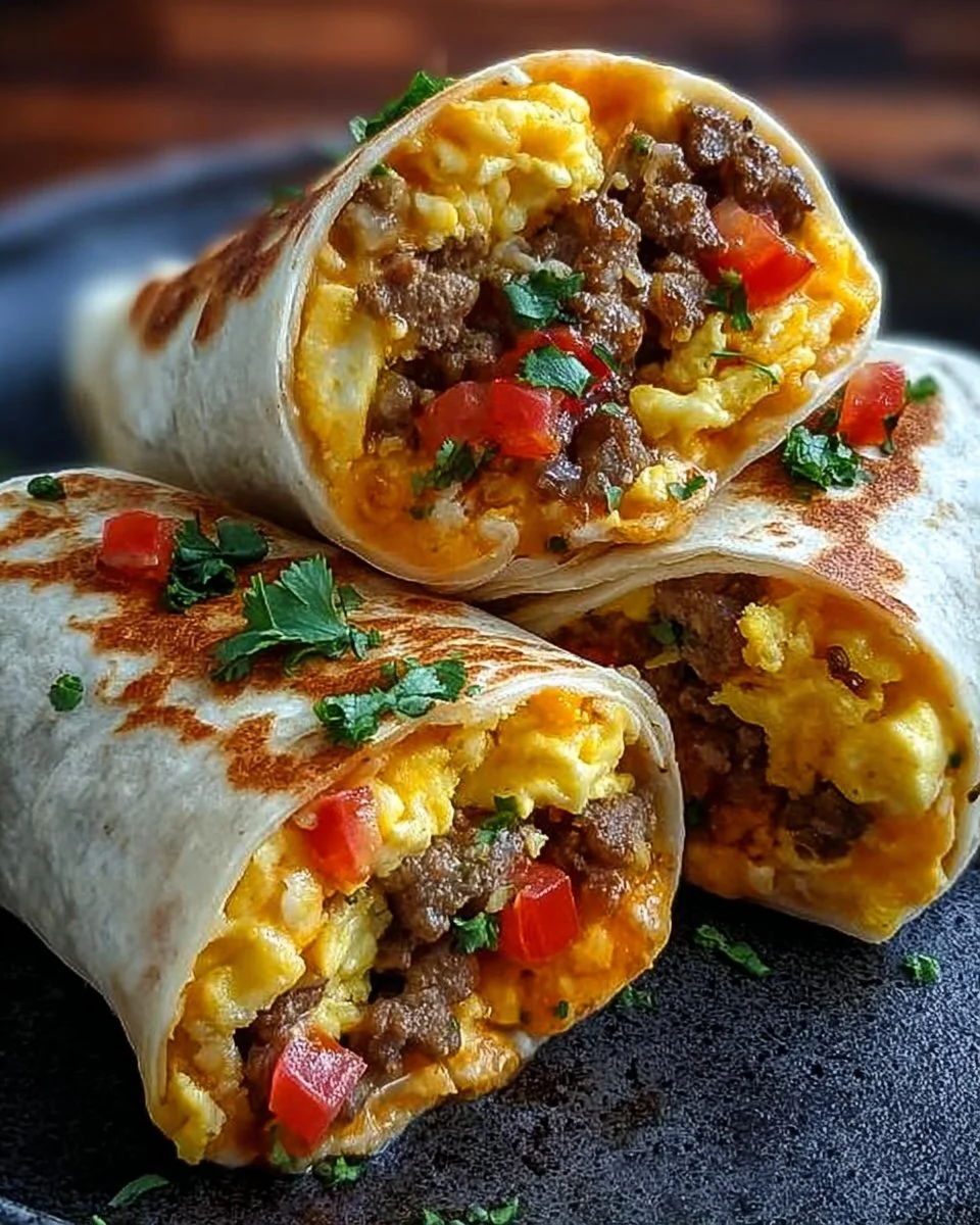 Sausage Scramble Breakfast Burritos filled with eggs and sausage