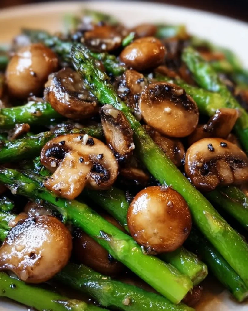 Plate of sautéed asparagus and mushrooms with garlic and herbs