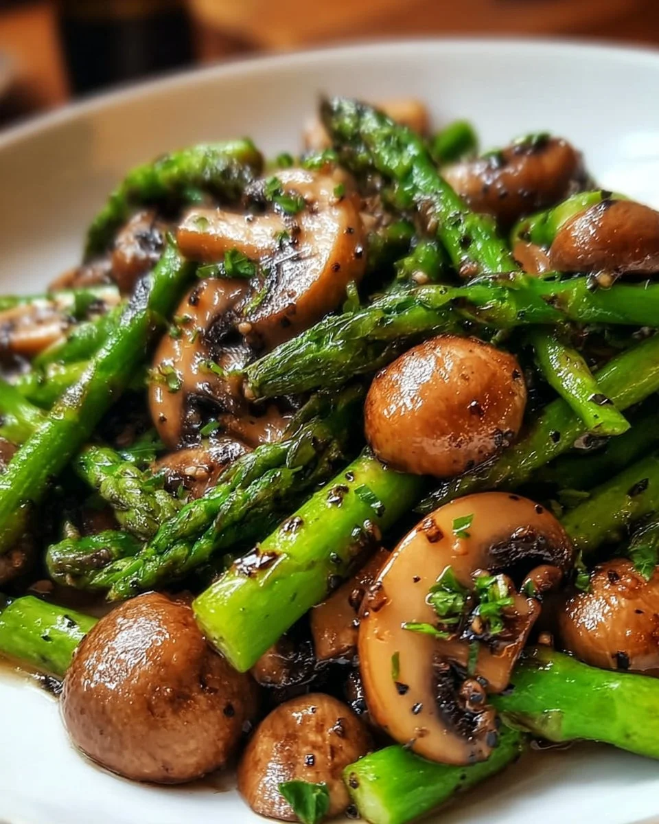 Plate of sautéed asparagus and mushrooms garnished with herbs