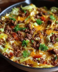 Savory Cabbage Beef Bake topped with melted cheese and garnished with herbs.