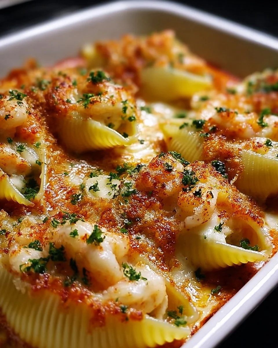 Plate of Seafood Stuffed Shells topped with cheese and herbs