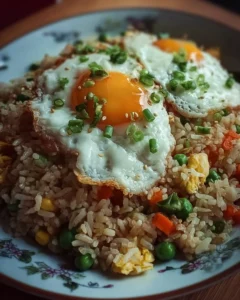 Bowl of simple egg fried rice with vegetables and herbs