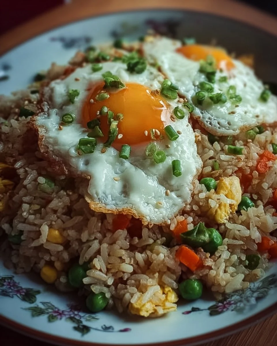 Bowl of simple egg fried rice with vegetables and herbs