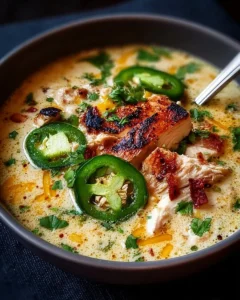 Creamy smoky jalapeño popper soup topped with grilled chicken and cheese