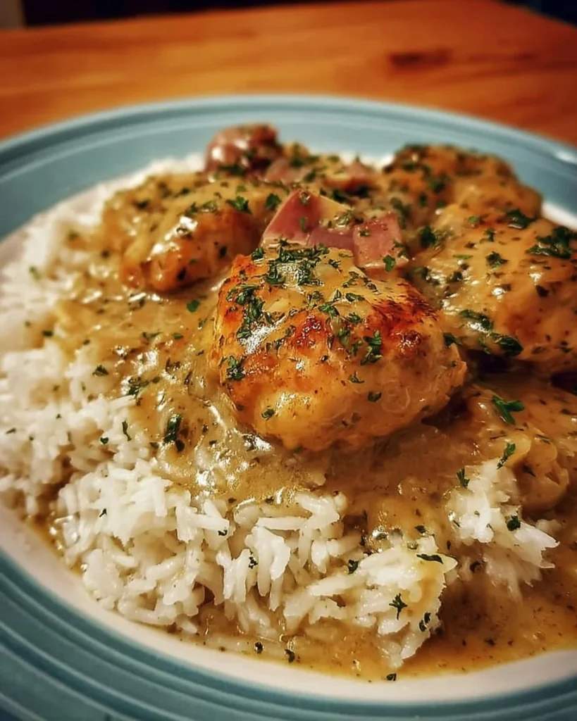 Delicious smothered chicken served over rice with rich gravy and vegetables