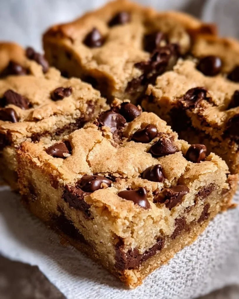 Delicious sourdough chocolate chip cookie bars on a wooden table.