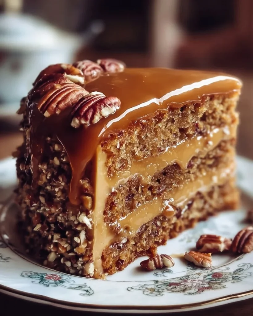 Delicious Southern Pecan Caramel Cake with layers of caramel and pecans