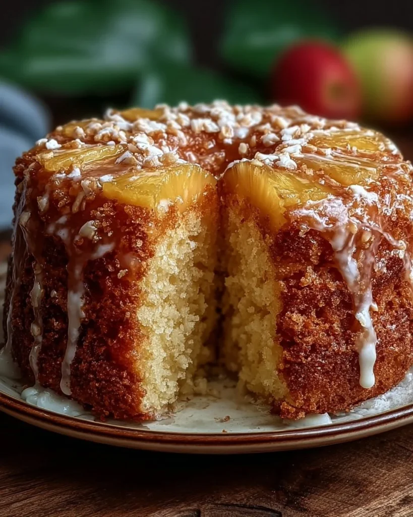 Slice of Southern Pineapple Cake topped with pineapple chunks and cream