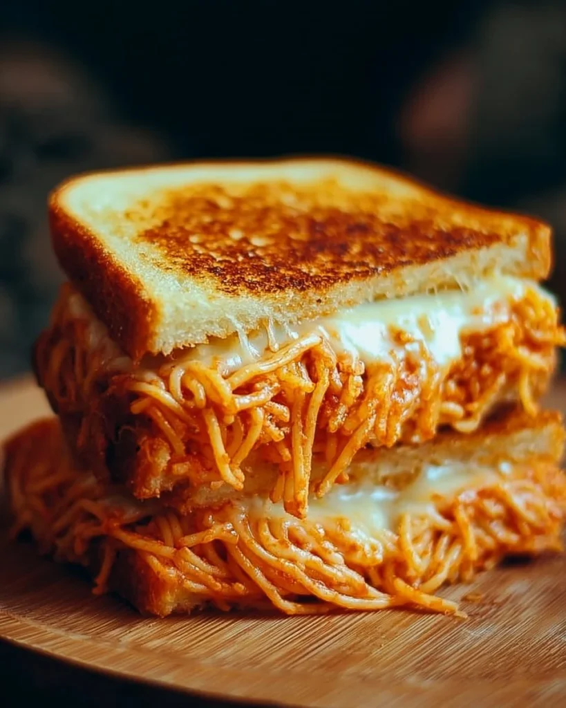 Spaghetti grilled cheese sandwich with melted cheese and pasta filling