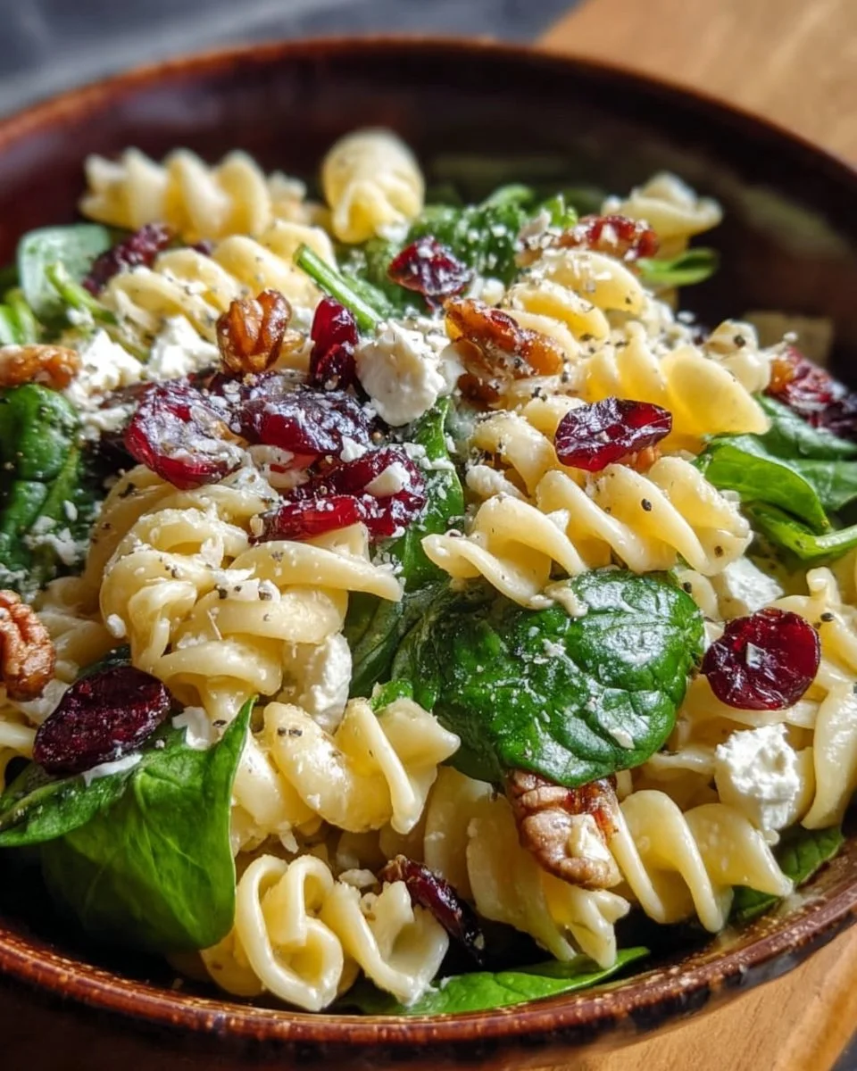 Delicious spinach pasta salad with feta cheese and cranberries