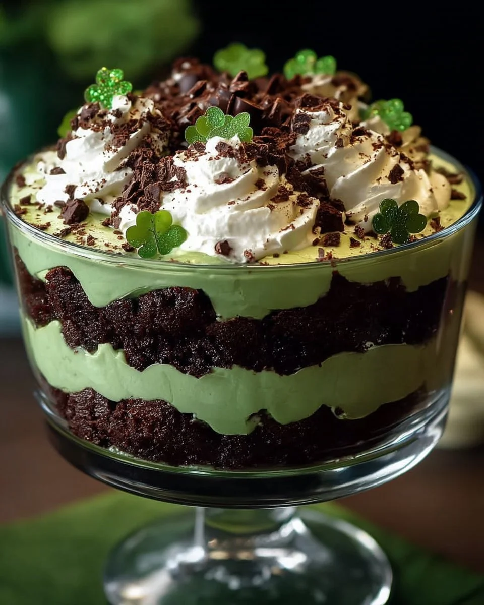 St. Patrick's Day brownie trifle layered with rich chocolate and festive toppings