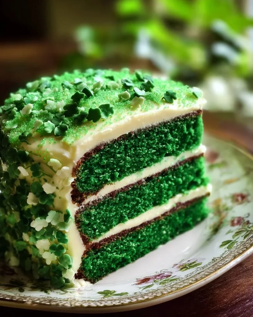 St. Patrick’s Day green velvet cake decorated with cream cheese frosting