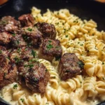 Garlic Butter Steak Bites with Alfredo Twisted Pasta