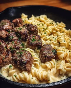 Garlic Butter Steak Bites with Alfredo Twisted Pasta