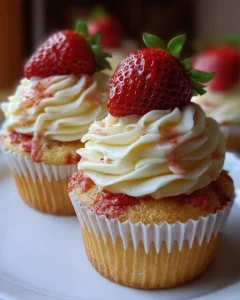 Delicious strawberries and cream cupcakes topped with fresh strawberries.