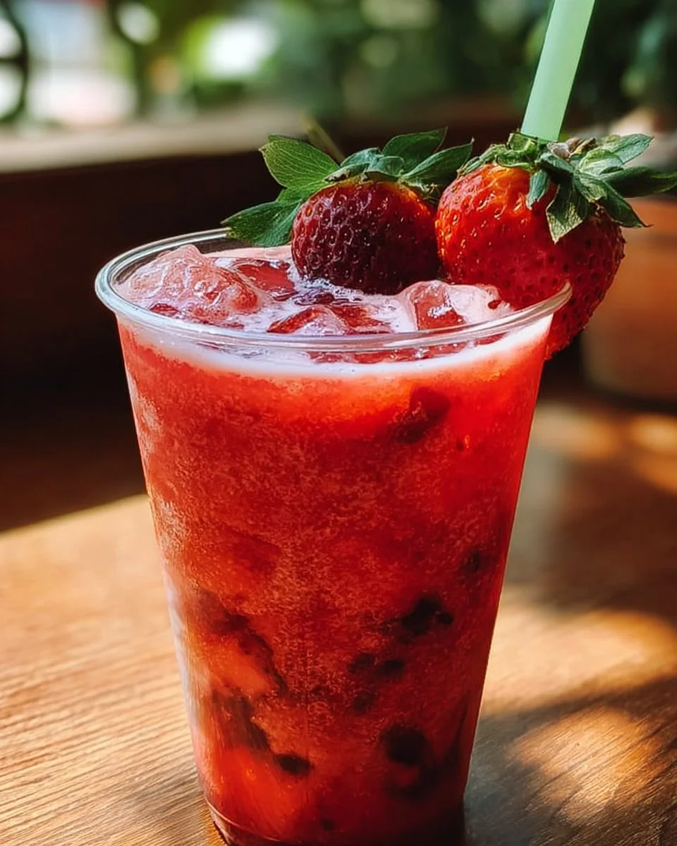 Strawberry Acai Refresher drink with fresh strawberries and acai berries.