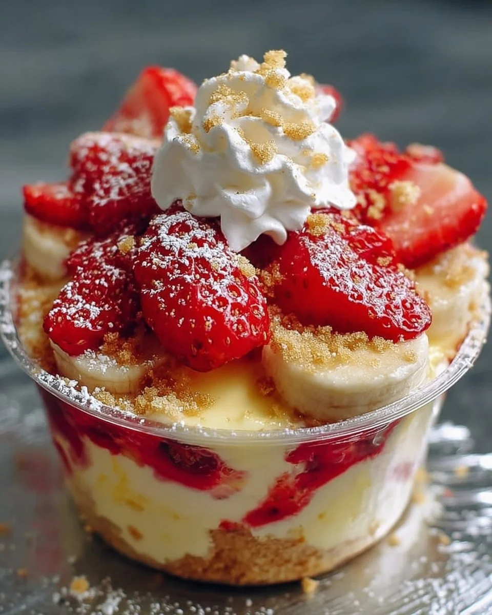 Delicious strawberry cheesecake banana pudding dessert topped with fresh strawberries.