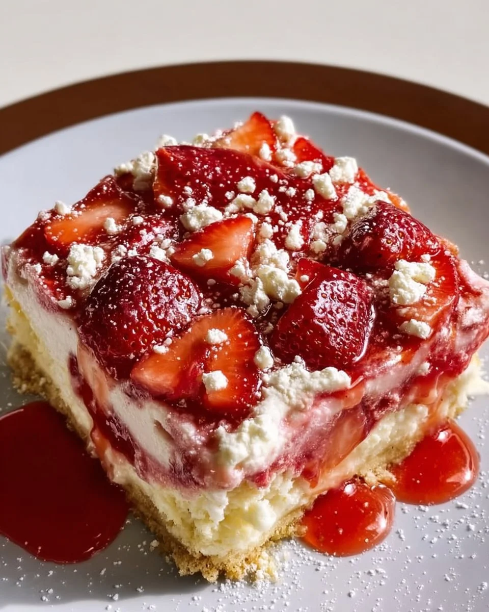 Strawberry cheesecake dump cake with strawberries on top