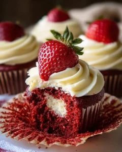 Delicious strawberry cheesecake red velvet cupcakes topped with cream cheese frosting.