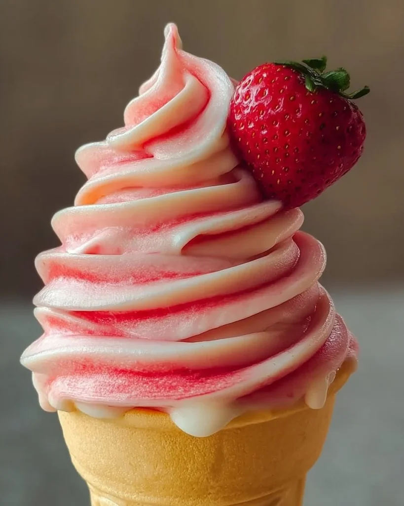 A serving of Strawberry Dole Whip in a cone topped with fresh strawberries.