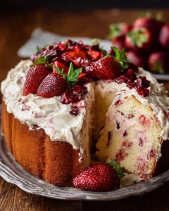 Strawberry Italian Cream Pound Cake slice on a plate, garnished with strawberries.