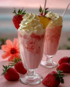 Delicious Strawberry Piña Colada topped with Malibu frosting in a glass.