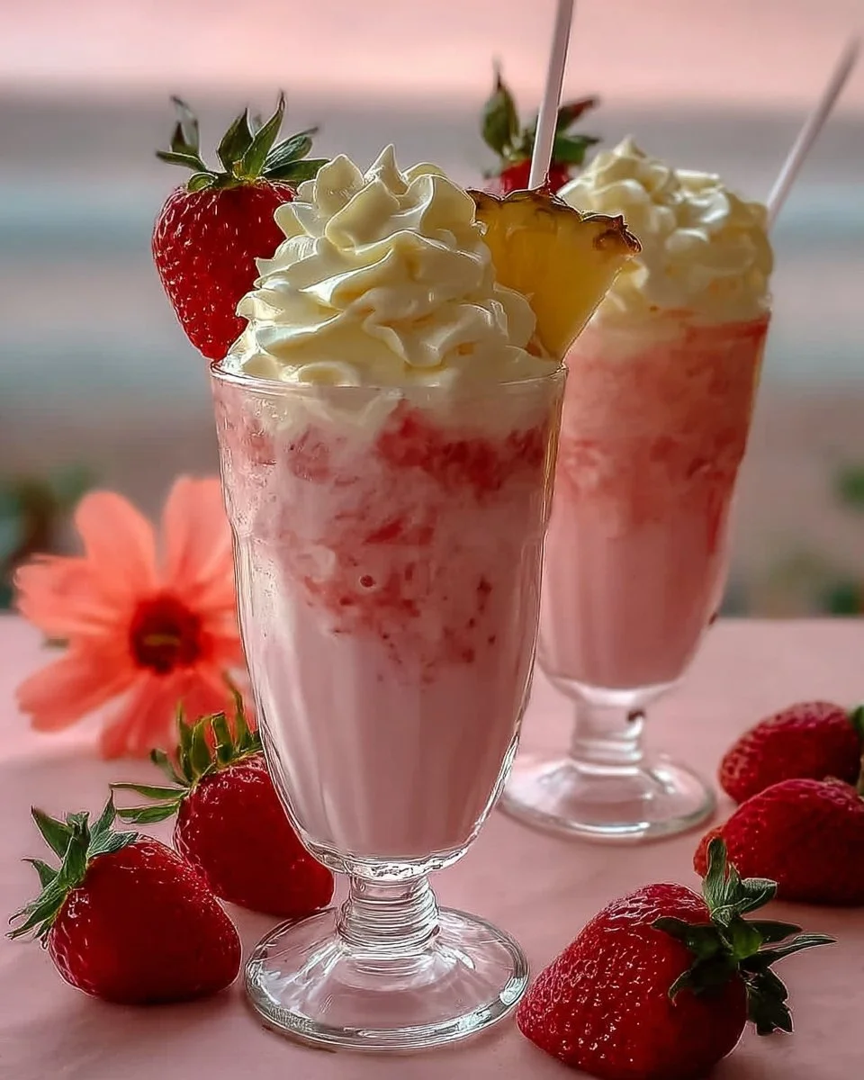 Delicious Strawberry Piña Colada topped with Malibu frosting in a glass.