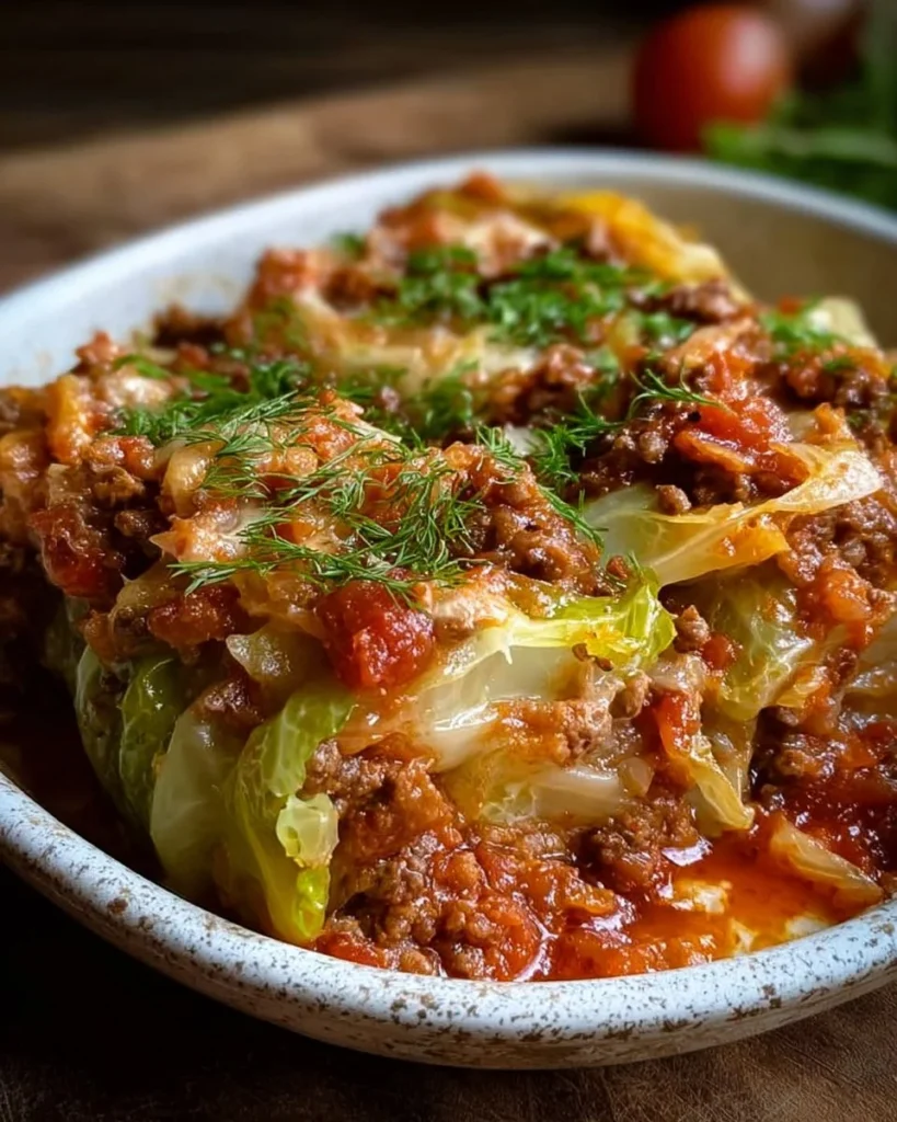 Delicious stuffed cabbage roll casserole served in a bowl