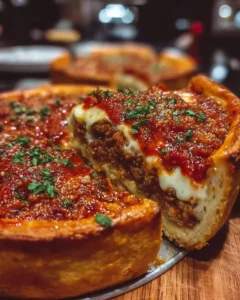 Delicious stuffed deep dish pizza pie with layers of cheese and toppings