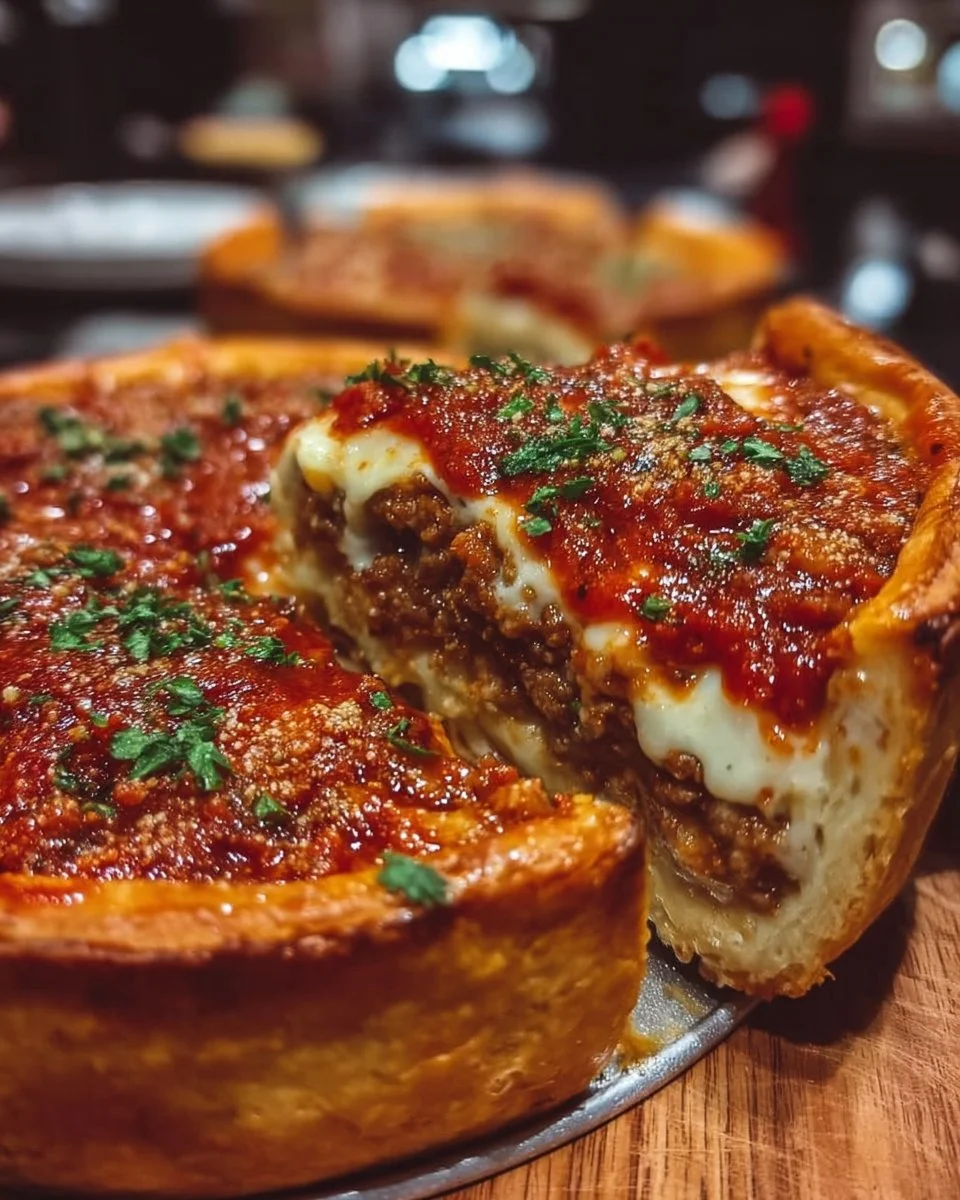 Delicious stuffed deep dish pizza pie with layers of cheese and toppings