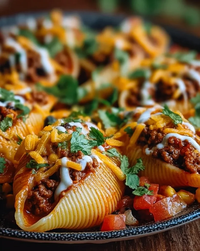Taco stuffed shells topped with creamy queso sauce and fresh toppings.