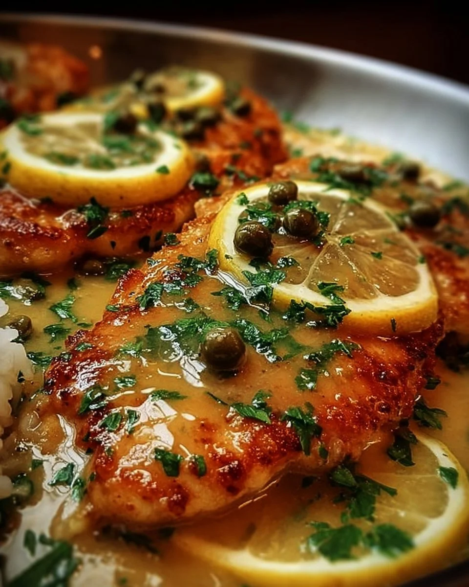 Plate of tasty chicken piccata garnished with capers and lemon slices