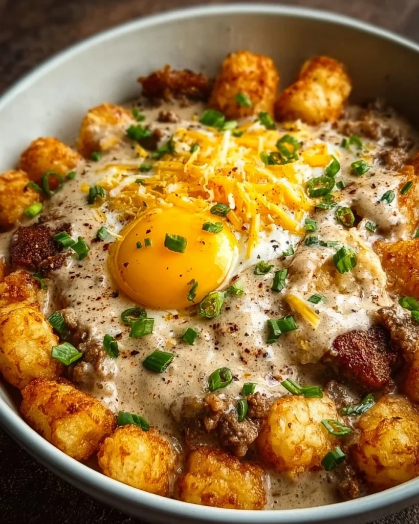 Delicious Tater Tot Breakfast Bowl topped with savory sausage gravy