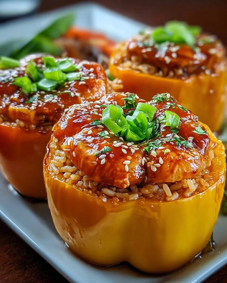 Teriyaki Pineapple Chicken and Rice Stuffed Peppers served on a plate