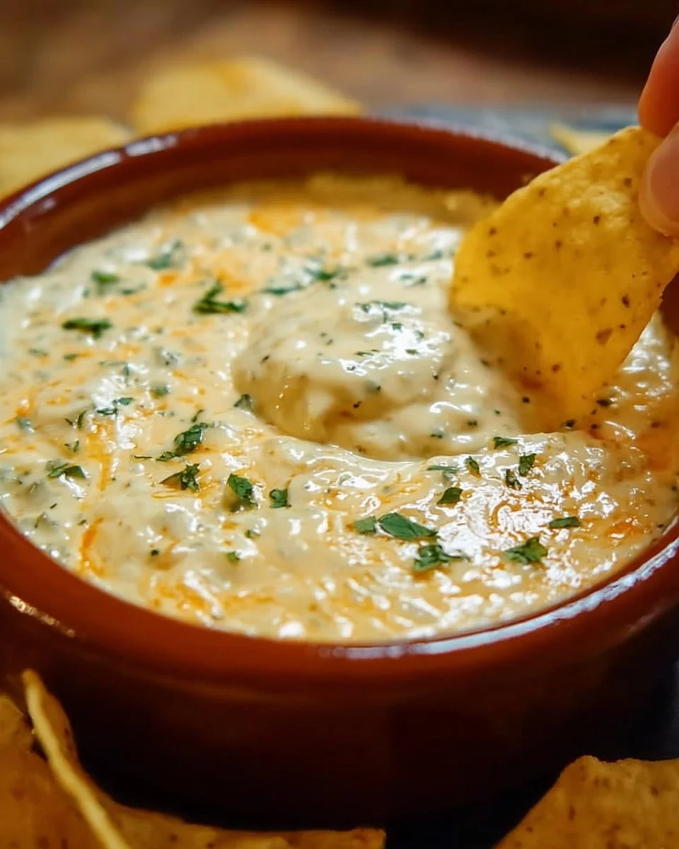 Delicious cheese dip served at a Mexican restaurant with chips